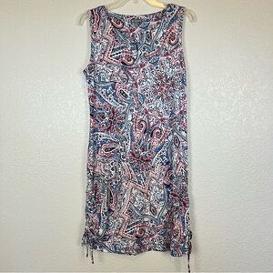 T By Talbots Blue Paisley Print Ruched Side Tie Sleeveless Dress Medium Petite